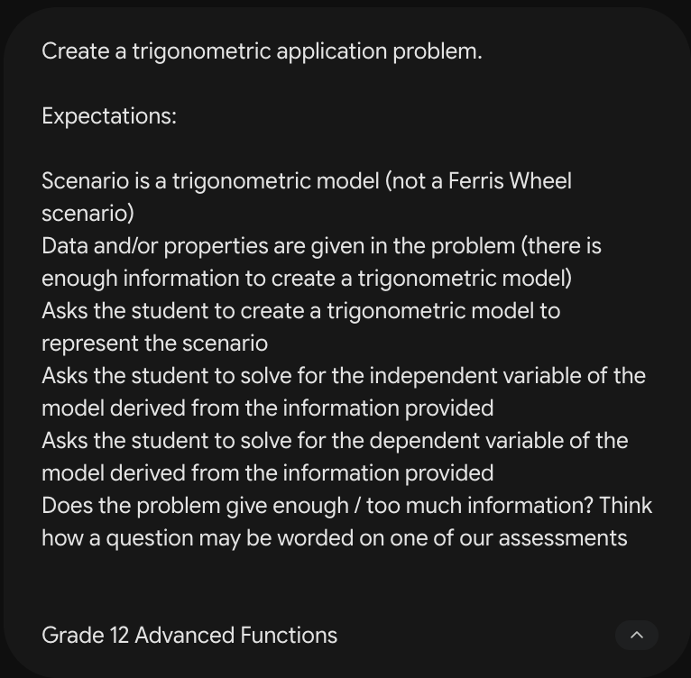 Gemini prompt: Create a trigonometric application problem, with the full list of expectations, tagged Grade 12 Advanced Functions.