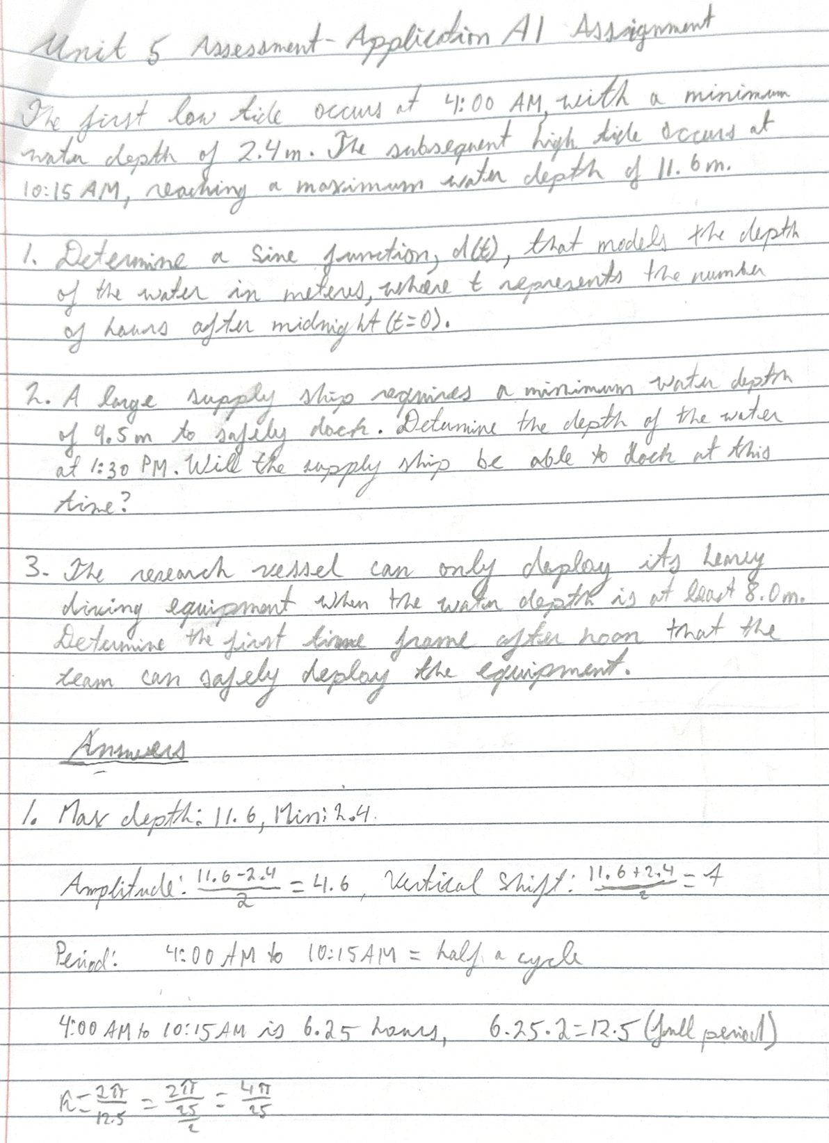 Handwritten solution, page 1: the problem restated, amplitude, vertical shift, and period calculations.