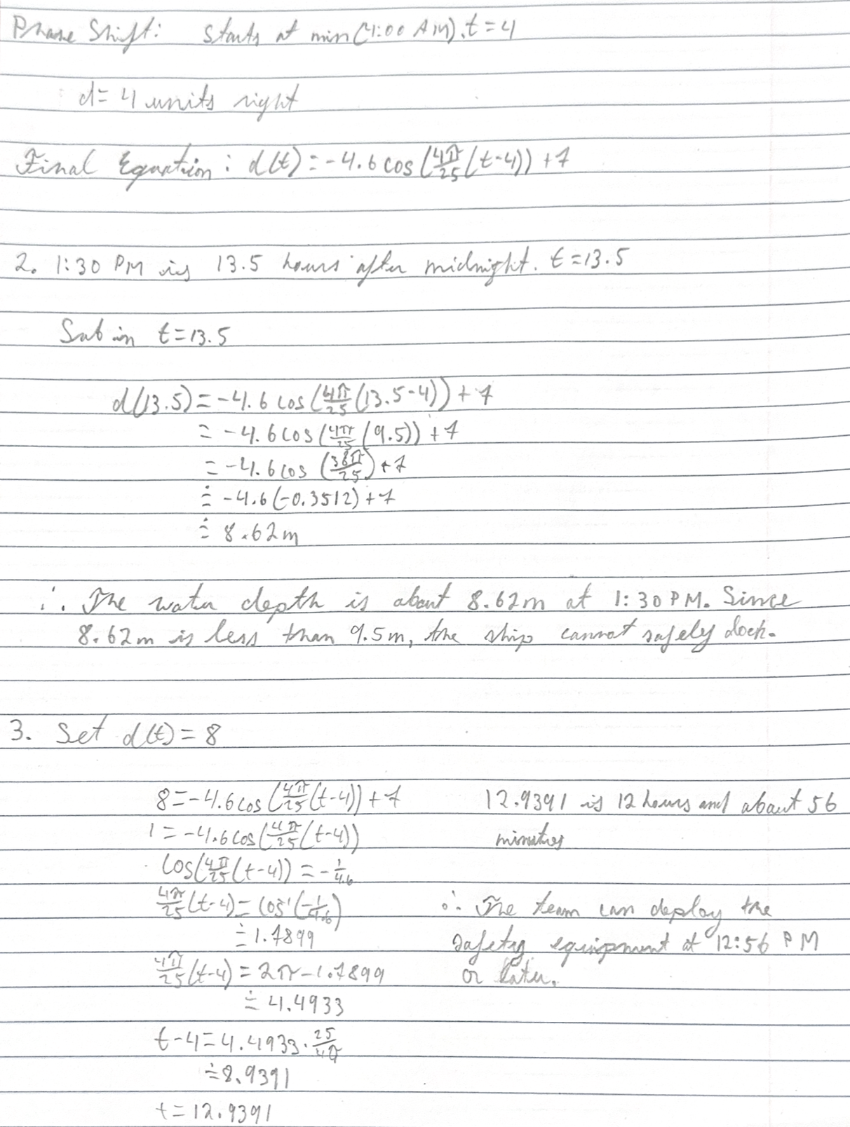 Handwritten solution, page 2: phase shift, final equation, solving Part 2 at t=13.5, and solving Part 3 for d(t)=8.